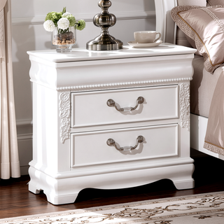 Sunvega White Transitional Nightstand with Faux Wood Carving and Nickel Hanging Pulls