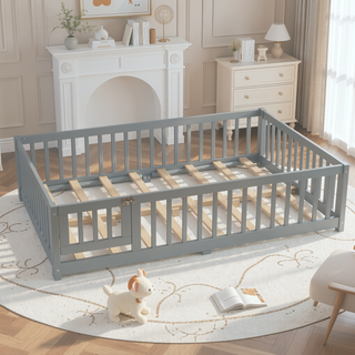 Sunvega Twin Size Floor Bed with Safety Guardrails and Door for Kids in Natural