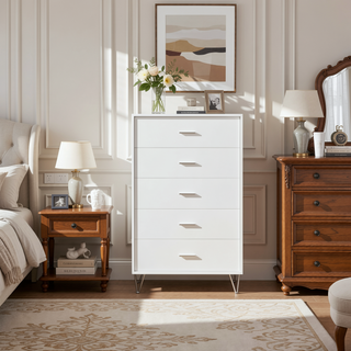 Sunvega Modern White Finish Chest with Five Spacious Drawers for Bedroom
