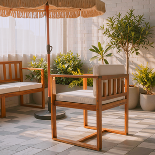 Sunvega Set of 2 Acacia Wood Armchairs with Beige Cushion for Patio Dining