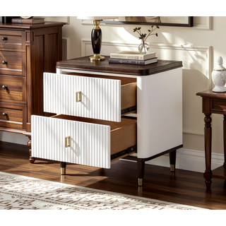 Sunvega White and Brown 2-Drawer Nightstand with USB Port for Bedroom