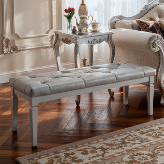 Sunvega Silver Finish Tufted Bench with Foam Cushioned Faux Leather Upholstery