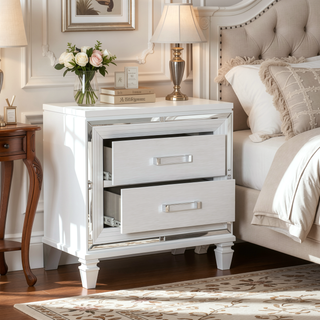 Sunvega White Silver Finish Nightstand with 2 Dovetail Drawers and Acrylic Bar Pulls