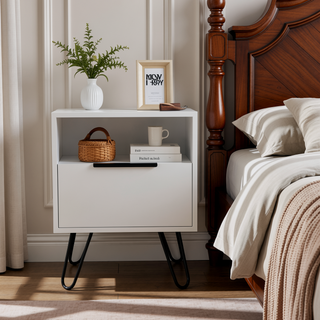Sunvega White Hairpin Legs Nightstand with Drawer and Shelf for Bedroom Living Room