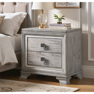 Sunvega Contemporary Glam Light Gray Brown Nightstand with Mirrored Accents and 2 Drawers