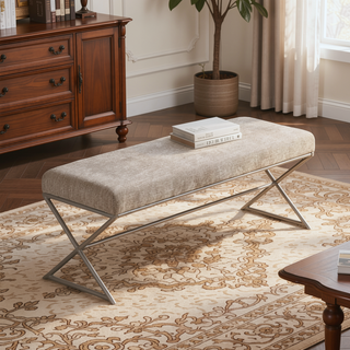 Sunvega Beige Tufted Upholstered Bench with Plush Cushioned Seat and Champagne Metal Legs