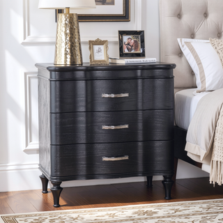 Sunvega Glam Modern Black Nightstand with Curved Front Panels and Turned Wood Leg