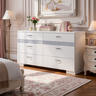 Sunvega Modern Dresser with Six Spacious Drawers and Built-in Jewelry Organizers
