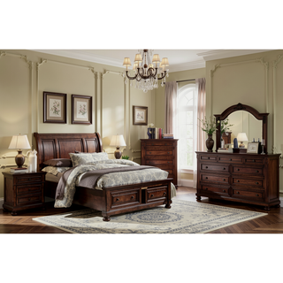Sunvega Brown Cherry Finish Birch Veneer Nightstand with 2 Dovetail Drawers and Bun Feet