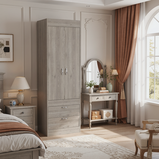 Sunvega Light Gray 2-Door Armoire with Spacious Drawers and Integrated Hanging Rod