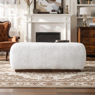 Sunvega Ivory Boucle Bench with Teak Frame for Living Room or Bedroom