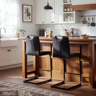 Sunvega Black PU Leather Barstool Set of 2 with Backrest and Footrest for Kitchen