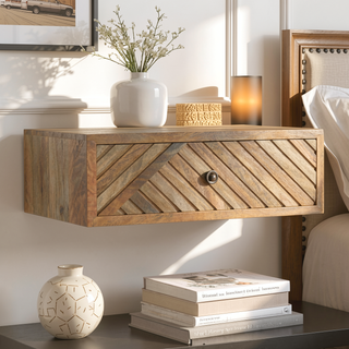 Sunvega Minimalist Wall-Mounted Solid Mango Wood Nightstand with Carved Drawer
