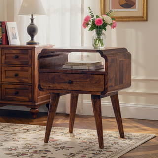 Sunvega Handcrafted Solid Mango Wood Nightstand with Drawer and Open Shelf