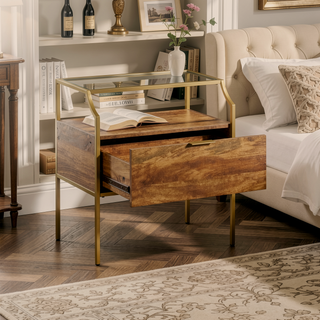 Sunvega Modern Brown Finish Night Stand with Spacious Drawer and Glass Top