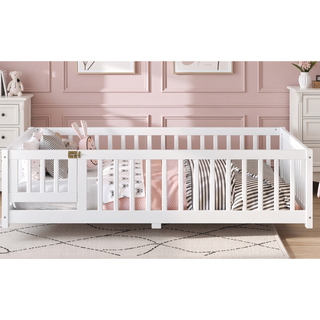 Sunvega Twin Size Floor Bed with Safety Guardrails and Door for Kids in Natural