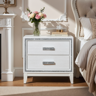 Sunvega White Finish Transitional Glam Nightstand with Spacious 2-Drawer Storage