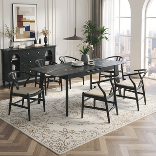 Sunvega Modern Black Dining Table with Self-Storing Leaf and Faux Marble Top
