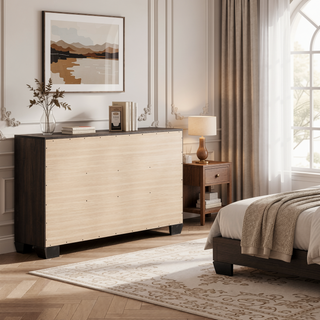 Sunvega Mid-Century Modern Six-Drawer Dresser in Washed Taupe Finish with Exposed Wood Grain