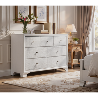 Sunvega Modern Glam White Crocodile Texture Two Drawer Nightstand with Crystal Pulls