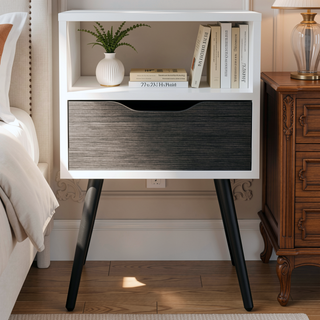 Sunvega Smokey Oak and White Nightstand with 1 Drawer and Shelf