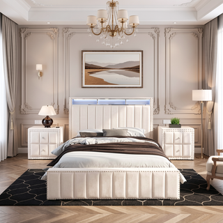 Sunvega Beige Contemporary Nightstand with Crystal Knobs and Vertical Tufting