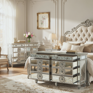 Sunvega Mirrored Nightstand with Geometric Trim and Crystal Knobs for Bedroom