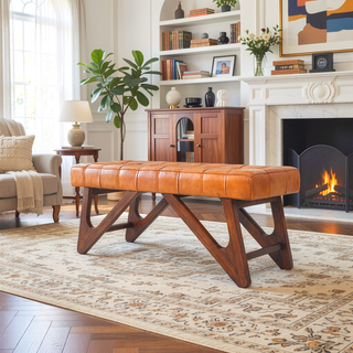 Sunvega Mid-Century Modern Tan Leather Upholstered Bench with Buttons and Solid Wood Frame