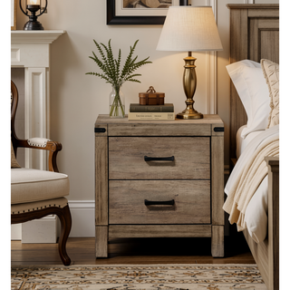 Sunvega Contemporary Rustic Two Drawer Nightstand with Melamine Finish and Solid Metal Hardware