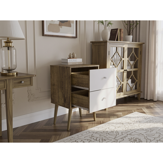 Sunvega Modern White and Brown Nightstand with 2 Drawers for Bedroom