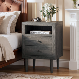 Sunvega Mid-Century Modern Nightstand with Two Drawers and Faux Wood Frame