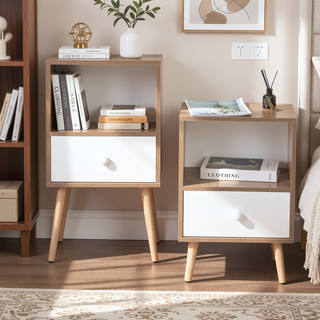 Sunvega Mid-Century Modern Wood Nightstand Set with Drawer and Shelf for Bedroom