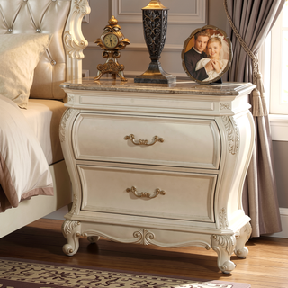 Sunvega Pearl White 2-Drawer Nightstand with Granite Top and Queen Anne Legs