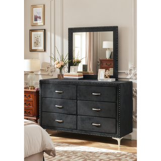 Sunvega Glam Style Black Velvet Upholstered Dresser with Six Drawers and Nailhead Trim