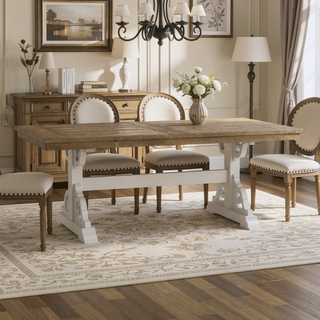 Sunvega Farmhouse Style Brown And White Trestle Dining Table For Your Home