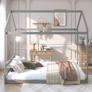 Sunvega Queen Size White House Shaped Bed with Headboard Made of Pine Wood