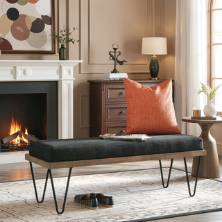 Sunvega Dark Blue and Black Upholstered Bench with Retro Hairpin Legs for Entryways