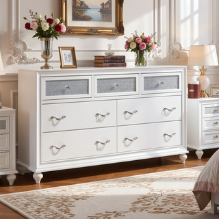 Sunvega Modern 7-Drawer Dresser with Sparkling Acrylic Panels and Crystal Hardware