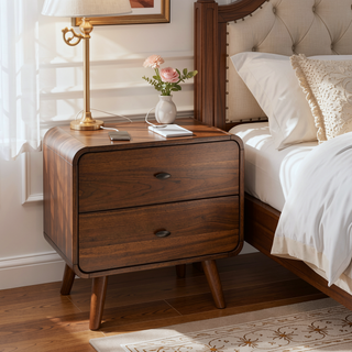 Sunvega Mid-Century Modern Dark Walnightstand with Rounded Edges and Tapered Legs