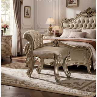 Sunvega Antique Pearl Finish PU Leather Vanity Stool with Button Tufted Back