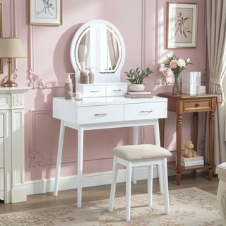 Sunvega Pink Finish Vanity Dresser with Mirror and Stool Set LED Light