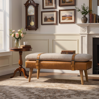 Sunvega Handwoven Bouclé Cotton and Buffalo Hide Leather Bench with Wood Legs