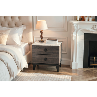 Sunvega Cream Oak Nightstand with Faux Marble Top and Rustic Wood Accents