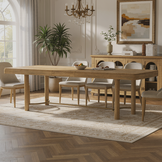 Sunvega Sand Wash Dining Table with Removable Leaf and Antique Brass Trestle Base