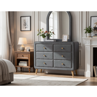Sunvega Light Gray Fabric Dresser with Six Drawers and Natural Wood Accents