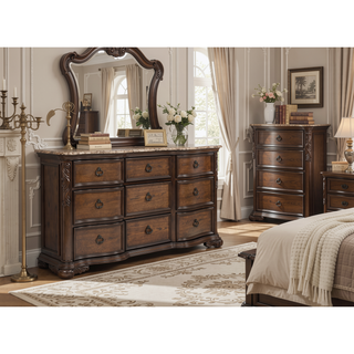 Sunvega Traditional Formal Style Nightstand with Genuine Marble Top and Three Drawers