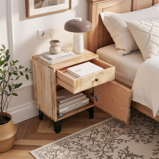 Sunvega Modern Solid Wood Nightstand with Smooth Gliding Drawers for Bedroom