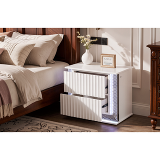 Sunvega White Nightstand with LED Lighting Diamond Pattern Accents and Two Textured Drawers