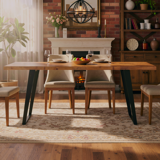 Sunvega Natural Acacia Wood Dining Table with Live Edges and Iron Legs