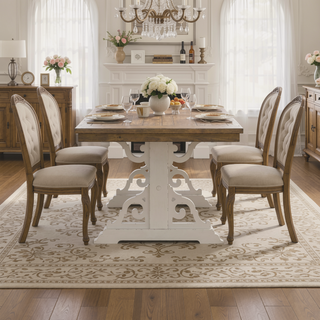 Sunvega Farmhouse Style Brown And White Trestle Dining Table For Your Home